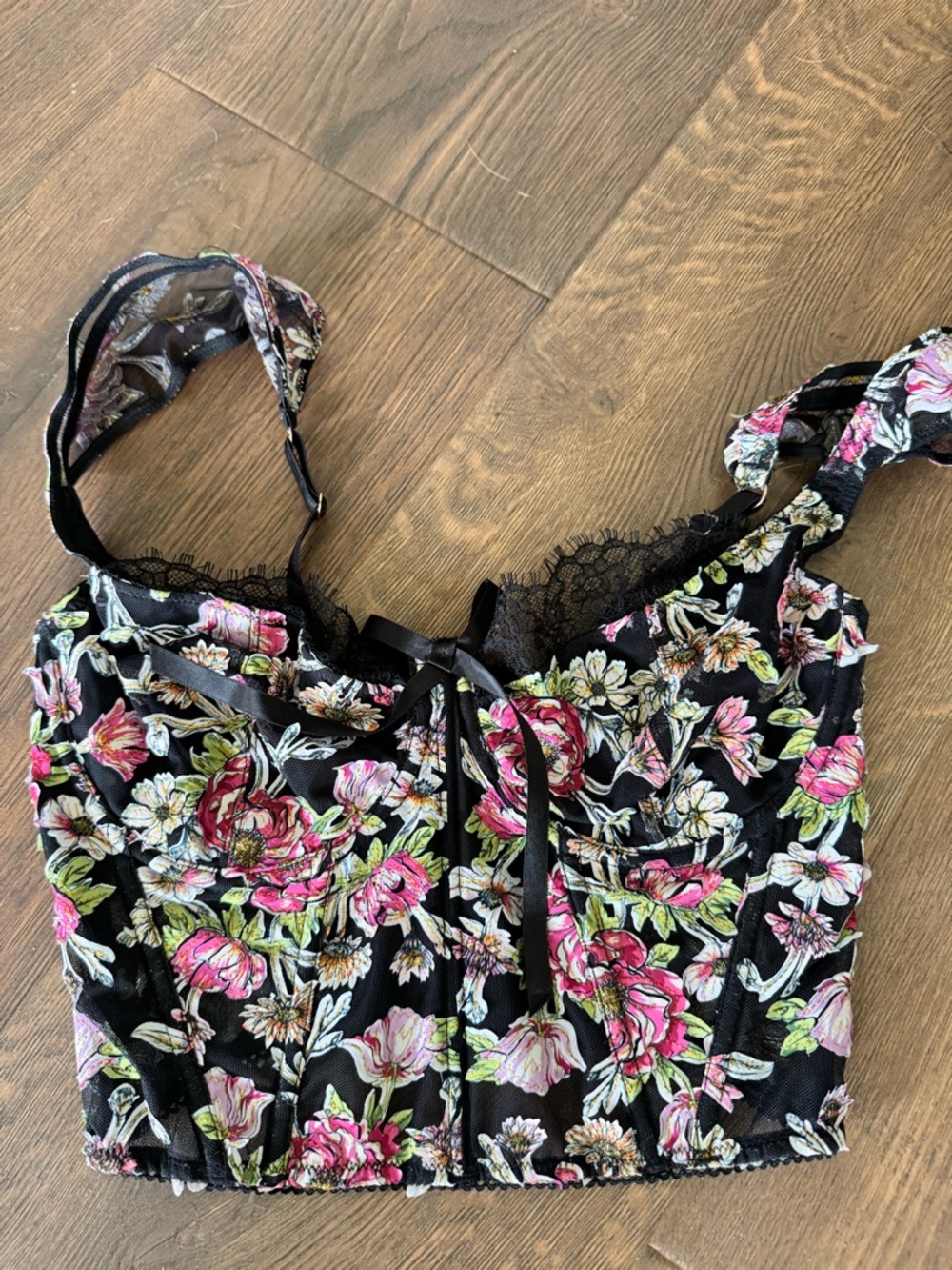 Floral Lace-Trim Black Crop Top with Pink Garden Print